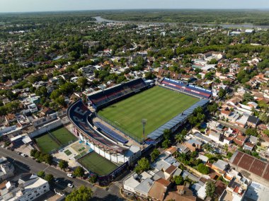 Buenos Aires, Arjantin, 6 Şubat 2023 futbol stadyumu Estadio Jos Dellagiovanna. Tigre Atletizm Kulübü. Hava görünümü.