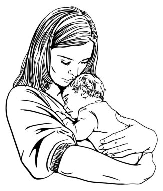 Anne ve uyuyan bebek sarılıyor.