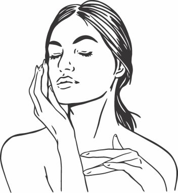 Güzel kadın siyah beyaz yüz vektörüne dokunuyor.