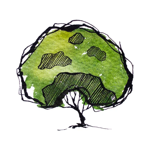 Grønt Træ Med Blade Håndtegnet Akvarel Maleri Isolere Hvid Baggrund - Stock-foto