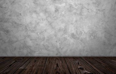 Ahşap doku zemininden iç dekorasyon perspektifi boş ve mimari yapı arka planında siyah-beyaz sıkıntı betonu ile modern aydınlık.