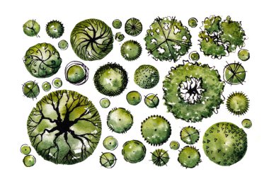 Peyzaj mimarı tasarımı sembolleri suluboya elle çizilmiş fırça darbeleriyle. Gazeteye renkli bir şekilde sıçramış. Yaratıcı duvar kâğıdı, çiçek kartı ve sanat için nemli doku arka planı.