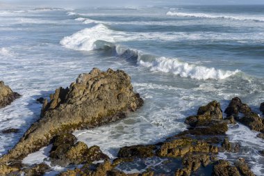 Rocky atlantic ocean shoreline. Hermanus, Whale Coast, Overberg, Western Cape, South Africa.