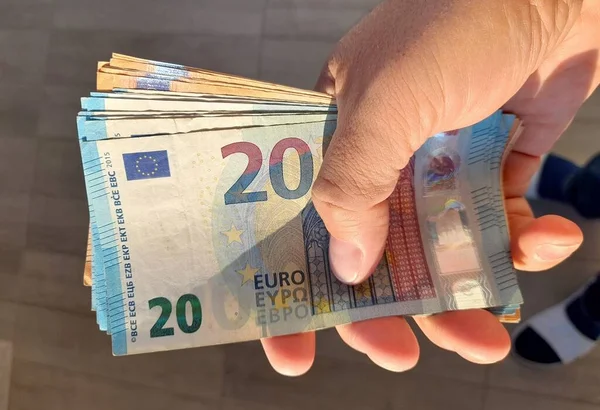 Bankbiljetten Van Euro Handen Van Een Man Rijkdom — Stockfoto