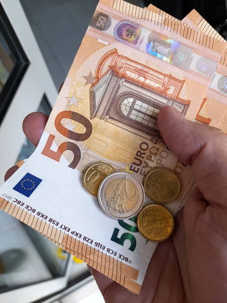 Банкноты Евро Руках Человека Богатство — стоковое фото