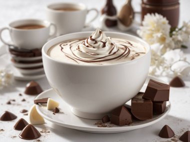 Sonbaharda kremalı bir fincan sıcak çikolata.