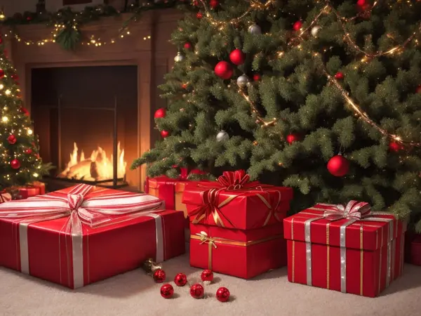 Різдвяні Подарунки Підлозі Вдома Біля Ялинки Магія Різдва Стокове Фото