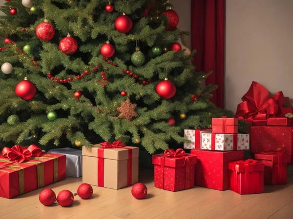 クリスマスツリーの近くの自宅の床にクリスマスギフト クリスマスの魔法 ロイヤリティフリーのストック写真