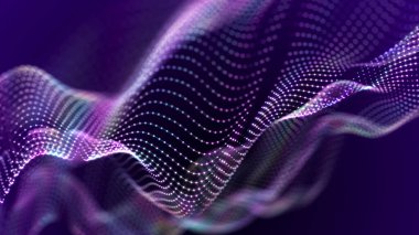 Bir sürü noktalı fütüristik dalga. Renkli noktaların soyut hareket arkaplanı. Teknoloji ya da bilim. 3d oluşturma