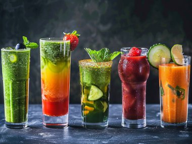 Siyah arka planda güzel ve iştah açıcı kokteyller. Yeşil, kırmızı ve sarı kokteyl