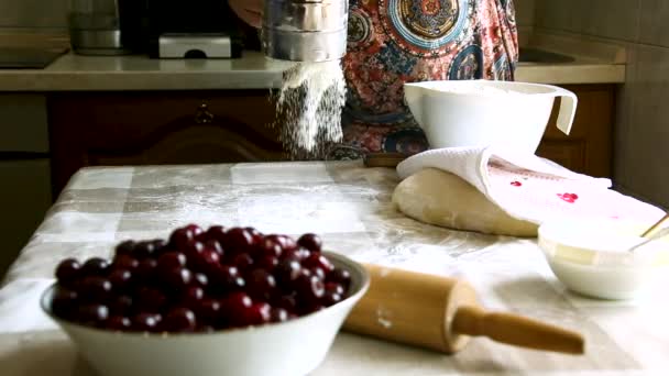 Home Cooking Traditional Ukrainian Food Vareniki Cherries Close Woman Sifting — ストック動画