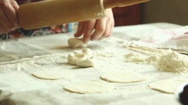 Home cooking of traditional Ukrainian food. Vareniki with cherries close-up. A Woman Rolling out Dumpling Skin