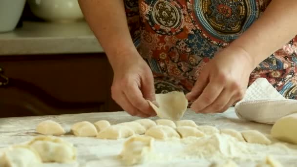 伝統的なウクライナ料理の家庭料理 さくらんぼのクローズアップとヴァレンキ 女性がロールピンで生地を展開し 餃子を彫刻 — ストック動画
