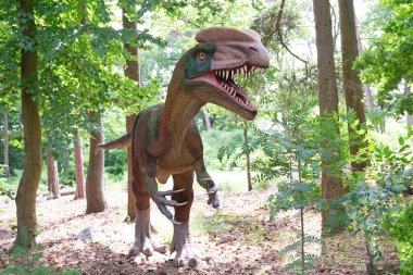 Oertijdmuseum-Boxtel-12-06-2022: Hollanda ormanlarında yürüyen Allusaurus. Yüksek kalite fotoğraf