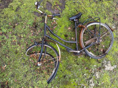 Crashed bicycle left behind in grass field.. High quality photo
