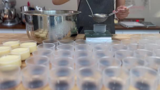 Woman Baker Making Caramel Custard Kitchen High Quality Footage — Stock Video