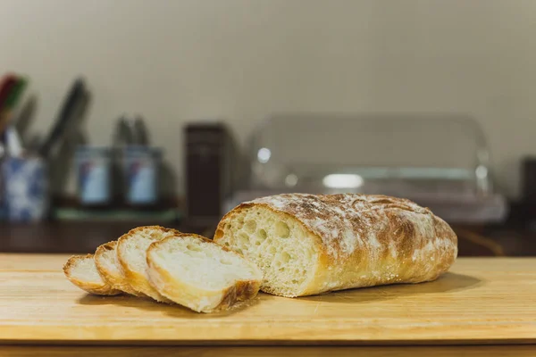 Homemade Italian Ciabatta Bread Cut Slices Wooden Board — Stock Photo, Image
