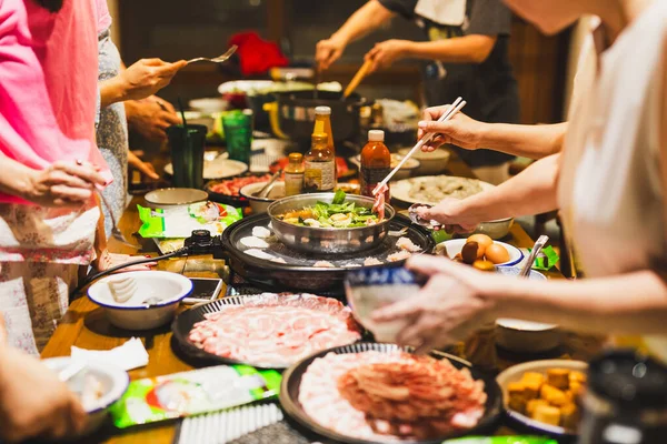 Group Friends Cooking Chinese Shabu Hotpot Home — Stock Photo, Image