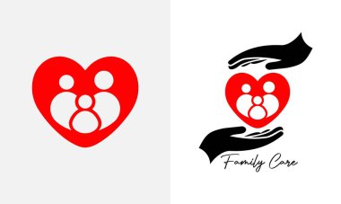 Family care Logo ,Two hands protecting or giving aid to family ,Family in red heart icon