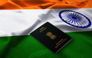Official passport of India on the top of an Indian flag,Indian passport