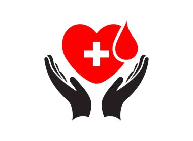 Elinde donör işareti olan kırmızı bir kalp olan eller, son moda kan bağışı vektör simgesi