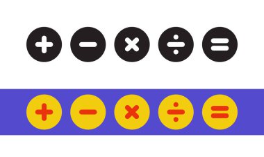 Hesap makinesi düğmeleri ayarlandı, matematiksel sembol daire şeklinde. Toplama işareti, eksi işareti, çarpma işareti, bölme ve eşittir işareti