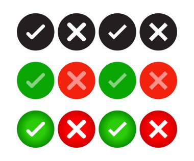 Çember simgesinde yeşil onay işareti ve kırmızı yanlış düğmeler. Ayarla, İşaretle ve X simgesi seti