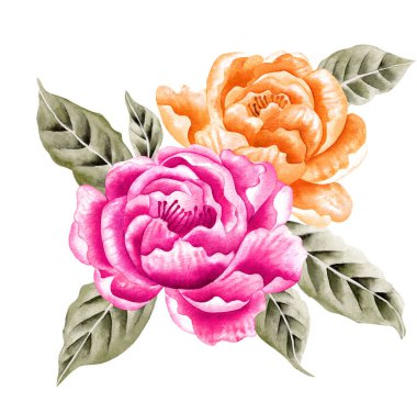 Watercolor Bouquet of flowers, isolated, white background, pink and yellow roses and green leaves