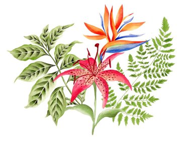 Çubuklu çiçekler ve yapraklar, kırmızı tropikal elementler, yeşil yapraklar, el yapımı suluboya.