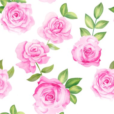 Watercolor flowers pattern, pink tropical elements, green leaves, white background, seamless