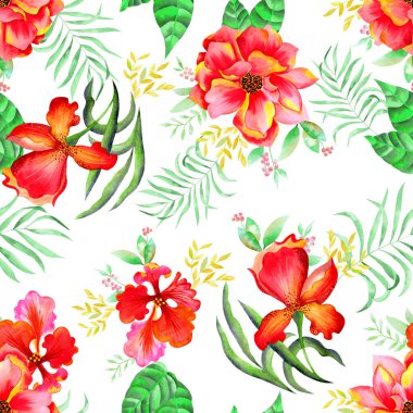 Watercolor flowers pattern, red tropical elements, green leaves, white background, seamless
