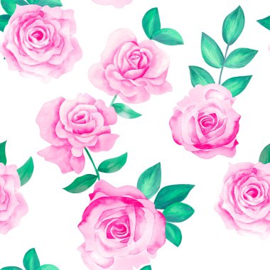 Watercolor flowers pattern, pink tropical elements, green leaves, white background, seamless