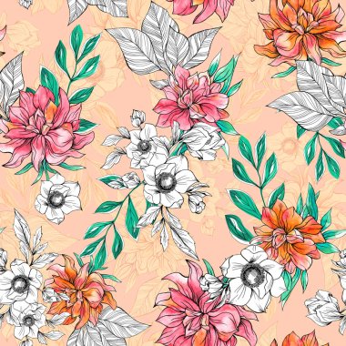 Watercolor flowers pattern, red tropical elements, green leaves, orange background, seamless