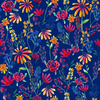 Watercolor flowers pattern, pink and yellow tropical elements, green leaves, navy blue background, seamless