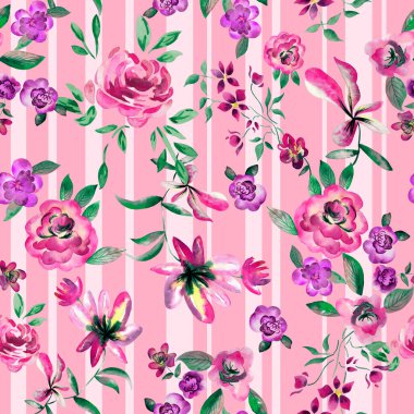 Watercolor flowers pattern, pink tropical elements, green leaves, pink stripes background, seamless