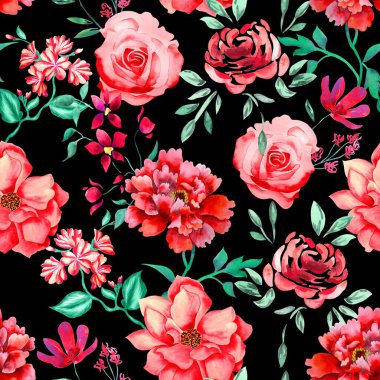 Watercolor flowers pattern, red tropical elements, green leaves, black background, seamless