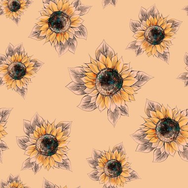Watercolor flowers pattern, yellow tropical sunflower, green leaves, yellow background, seamless