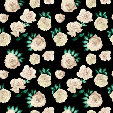 Watercolor flowers pattern, white tropical elements, green leaves, black background, seamless