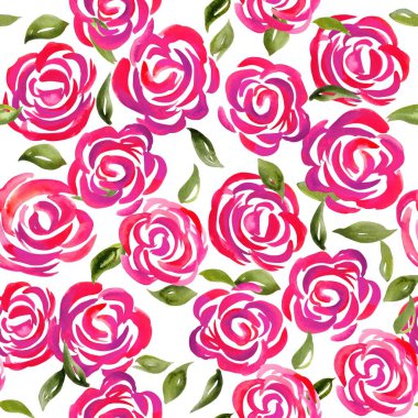 Watercolor flowers pattern, pink tropical elements, green leaves, white background, seamless