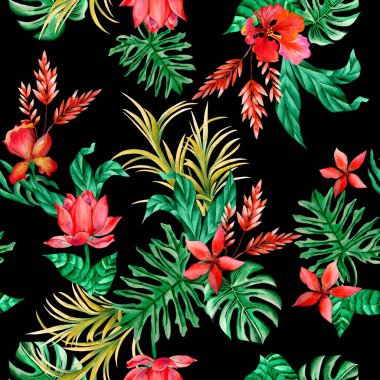 Watercolor flowers pattern, red tropical elements, green leaves, black background, seamless