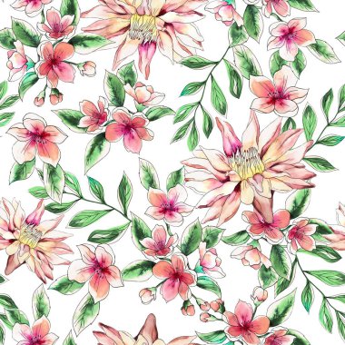 Watercolor flowers pattern, red tropical elements, green leaves, white background, seamless