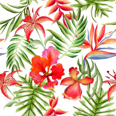 Watercolor flowers pattern, red tropical elements, green leaves, white background, seamless