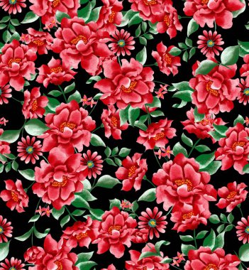 Watercolor flowers pattern, red tropical elements, green leaves, black background, seamless