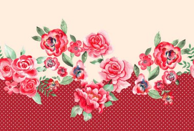 Watercolor flowers, red tropical elements, green leaves, white background, seamless, polka dot