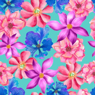 Watercolor flowers pattern, pink and blue tropical elements, green leaves, blue background, seamless