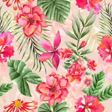 Watercolor flowers pattern, pink tropical elements, green leaves, white background, seamless