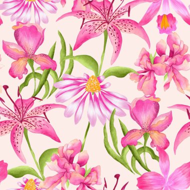 Watercolor flowers pattern, pink tropical elements, green leaves, white background, seamless