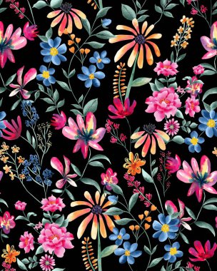 Watercolor flowers pattern, pink tropical elements, green leaves, black background, seamless