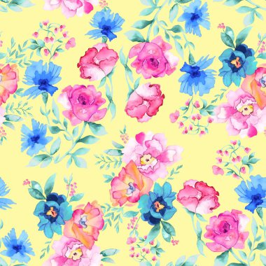 Watercolor flowers pattern, pink and blue tropical elements, green leaves, yellow background, seamless