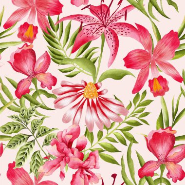 Watercolor flowers pattern, red tropical elements, green leaves, white background, seamless